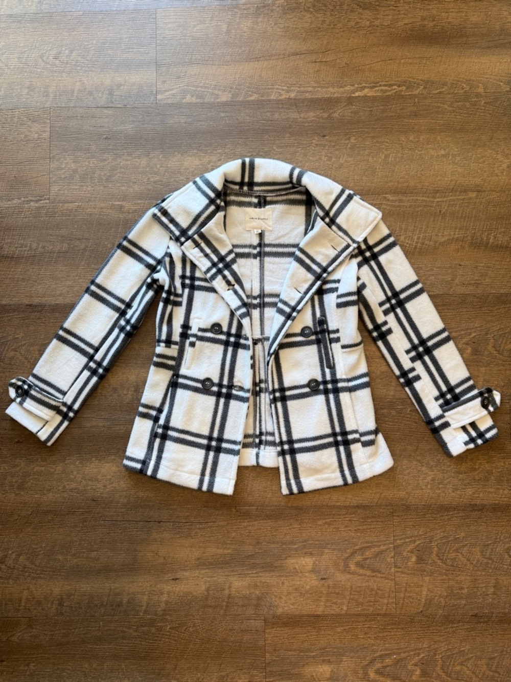 Thread & Supply Women’s Black and White Plaid Double-Breasted Coat Size X-Small